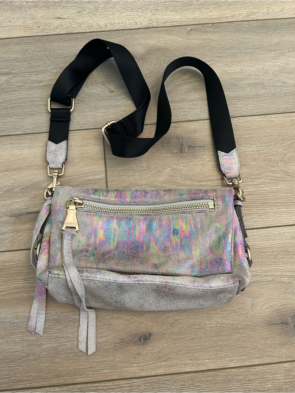 Aimee Kestenberg Leather Iridescent oil spill Crossbody Bag with Black Strap